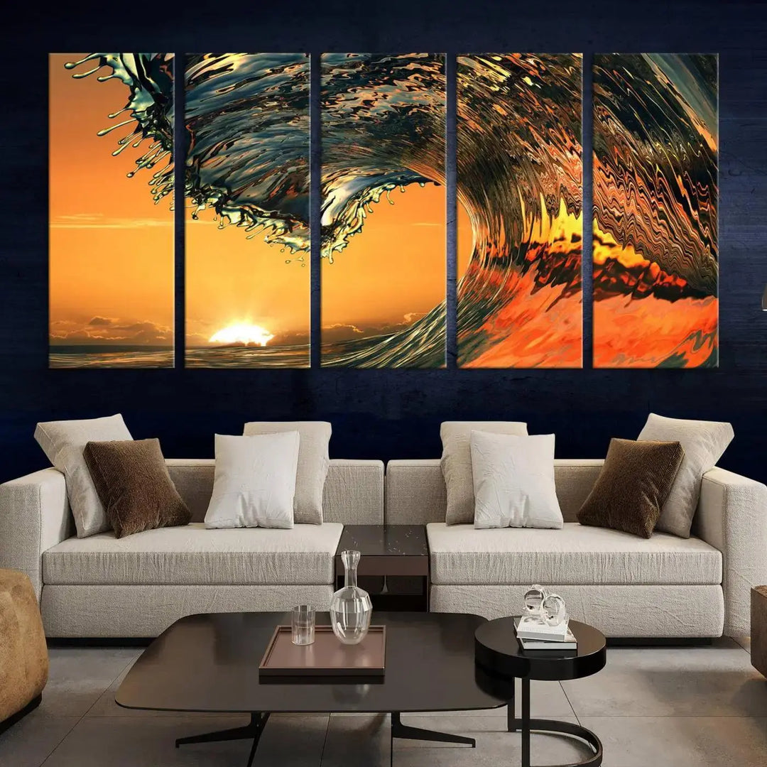 Enhance your modern living room with the Cool Rip Curl Ocean Wave with Perfect Sunset canvas wall art print, a museum-quality triptych depicting a crashing wave at sunset, beautifully crafted on premium canvas.