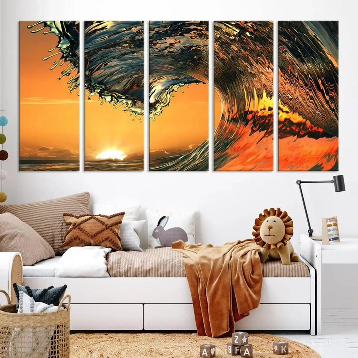 Enhance your modern living room with the Cool Rip Curl Ocean Wave with Perfect Sunset canvas wall art print, a museum-quality triptych depicting a crashing wave at sunset, beautifully crafted on premium canvas.