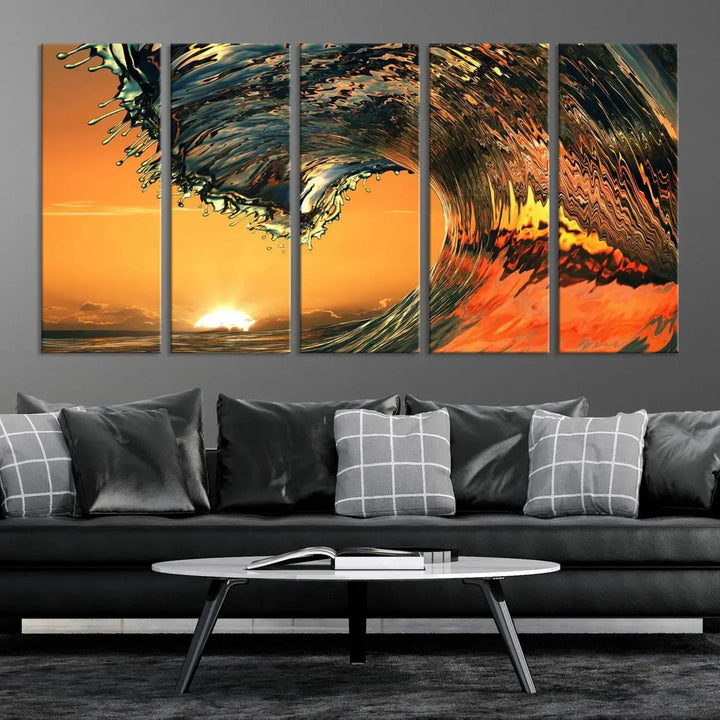 Enhance your modern living room with the Cool Rip Curl Ocean Wave with Perfect Sunset canvas wall art print, a museum-quality triptych depicting a crashing wave at sunset, beautifully crafted on premium canvas.