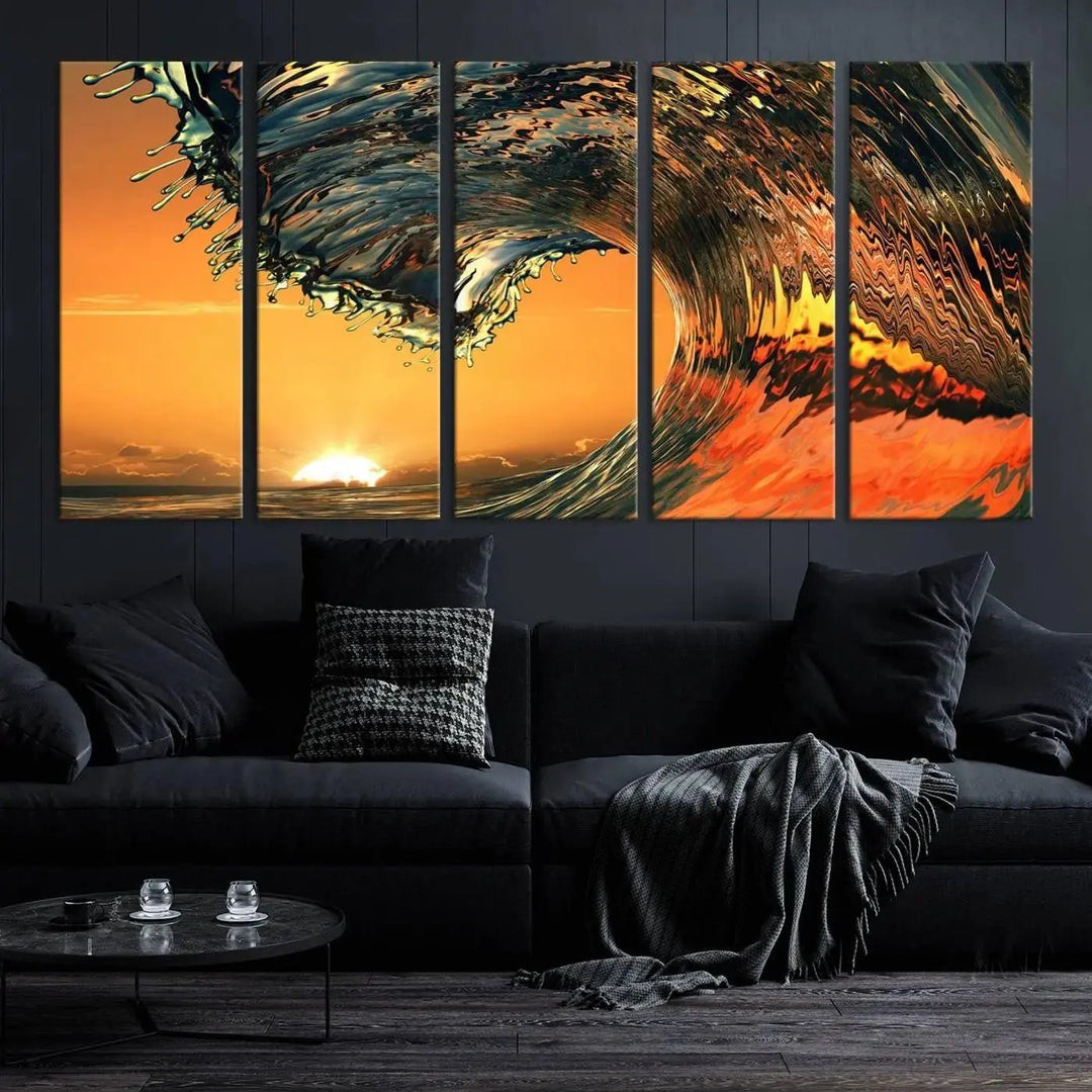 Enhance your modern living room with the Cool Rip Curl Ocean Wave with Perfect Sunset canvas wall art print, a museum-quality triptych depicting a crashing wave at sunset, beautifully crafted on premium canvas.