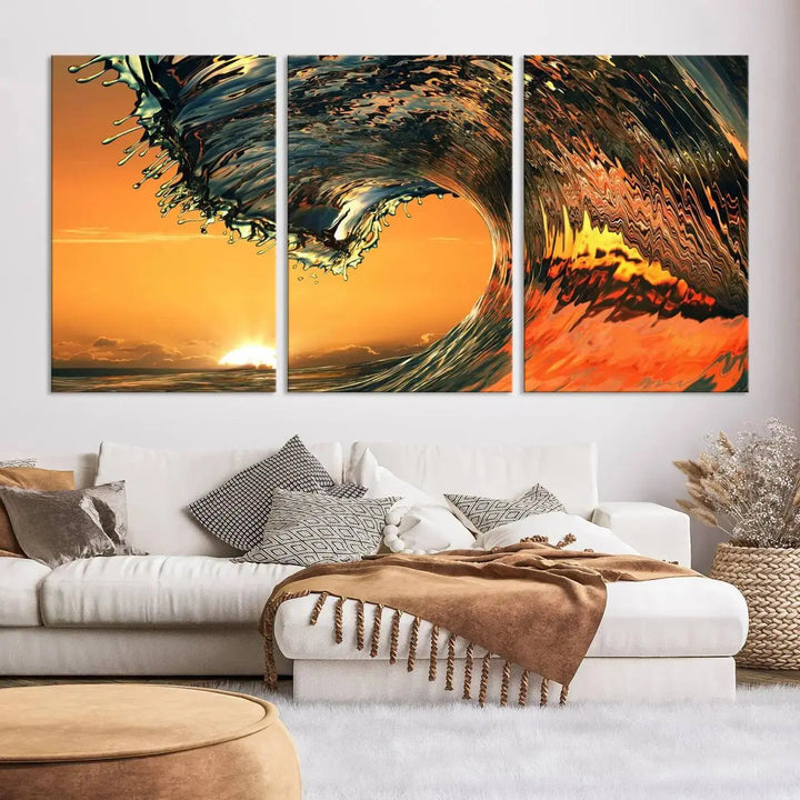 Enhance your modern living room with the Cool Rip Curl Ocean Wave with Perfect Sunset canvas wall art print, a museum-quality triptych depicting a crashing wave at sunset, beautifully crafted on premium canvas.