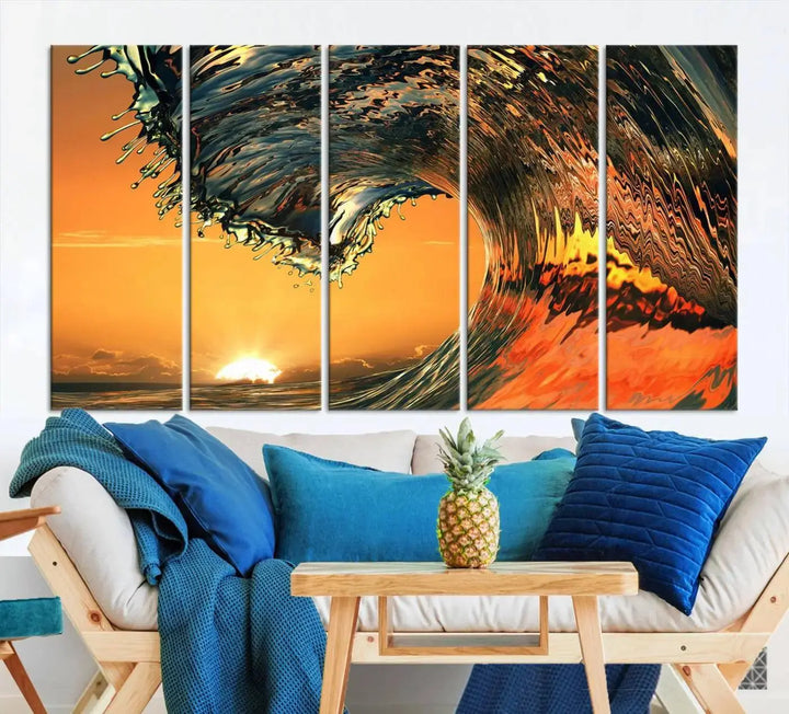 Enhance your modern living room with the Cool Rip Curl Ocean Wave with Perfect Sunset canvas wall art print, a museum-quality triptych depicting a crashing wave at sunset, beautifully crafted on premium canvas.