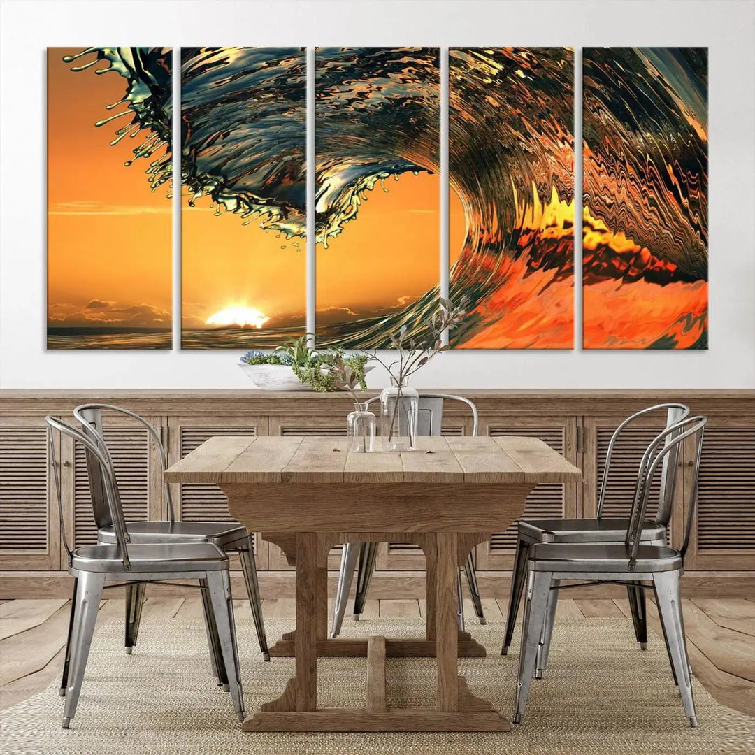 Enhance your modern living room with the Cool Rip Curl Ocean Wave with Perfect Sunset canvas wall art print, a museum-quality triptych depicting a crashing wave at sunset, beautifully crafted on premium canvas.