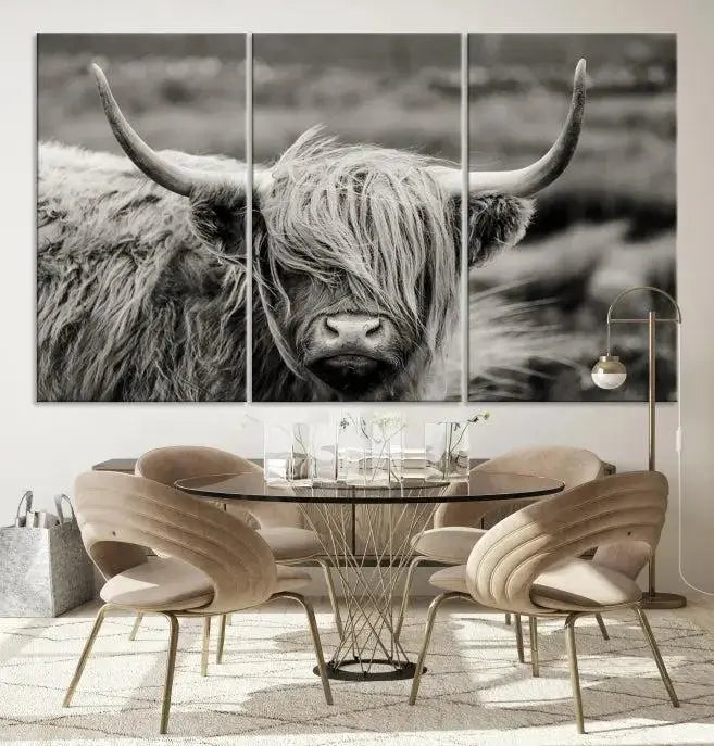 The "Cow Focus Art Wall Art Canvas Print" is a striking triptych depicting a Highland cow, presented on museum-quality canvases. It includes a UV-protective coating to ensure long-lasting vibrancy.