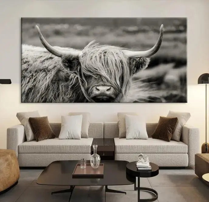 The "Cow Focus Art Wall Art Canvas Print" is a striking triptych depicting a Highland cow, presented on museum-quality canvases. It includes a UV-protective coating to ensure long-lasting vibrancy.