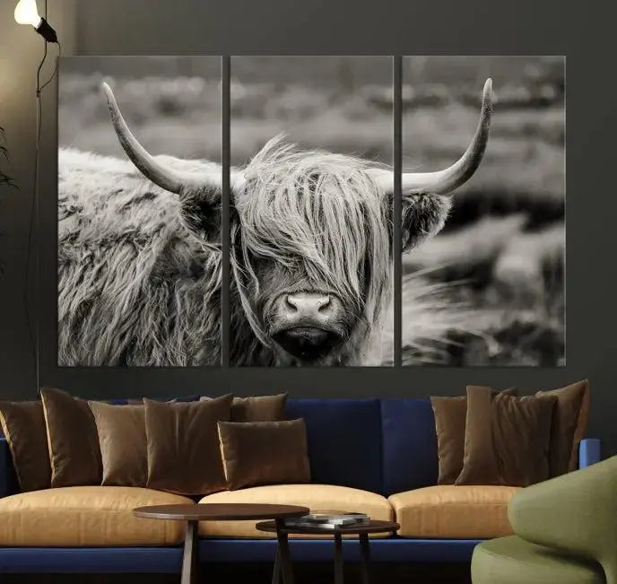 The "Cow Focus Art Wall Art Canvas Print" is a striking triptych depicting a Highland cow, presented on museum-quality canvases. It includes a UV-protective coating to ensure long-lasting vibrancy.