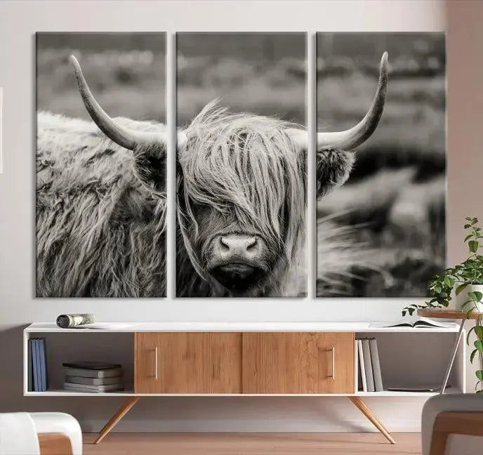 The "Cow Focus Art Wall Art Canvas Print" is a striking triptych depicting a Highland cow, presented on museum-quality canvases. It includes a UV-protective coating to ensure long-lasting vibrancy.