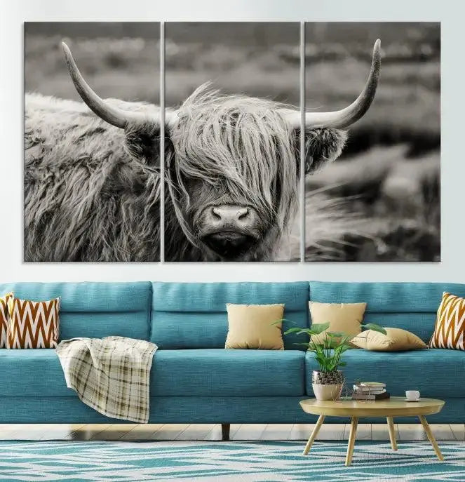 The "Cow Focus Art Wall Art Canvas Print" is a striking triptych depicting a Highland cow, presented on museum-quality canvases. It includes a UV-protective coating to ensure long-lasting vibrancy.