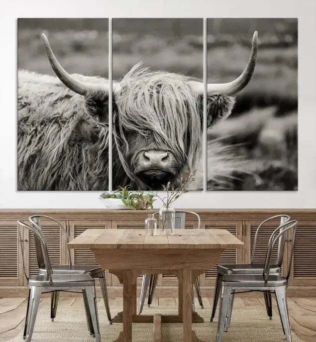 The "Cow Focus Art Wall Art Canvas Print" is a striking triptych depicting a Highland cow, presented on museum-quality canvases. It includes a UV-protective coating to ensure long-lasting vibrancy.