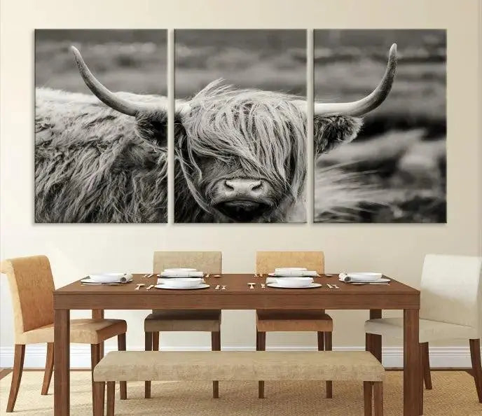 The "Cow Focus Art Wall Art Canvas Print" is a striking triptych depicting a Highland cow, presented on museum-quality canvases. It includes a UV-protective coating to ensure long-lasting vibrancy.