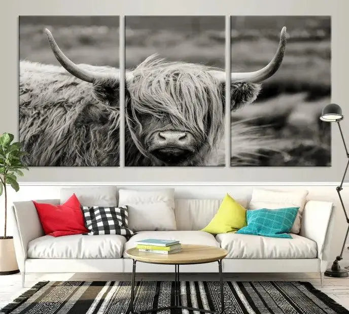 The "Cow Focus Art Wall Art Canvas Print" is a striking triptych depicting a Highland cow, presented on museum-quality canvases. It includes a UV-protective coating to ensure long-lasting vibrancy.