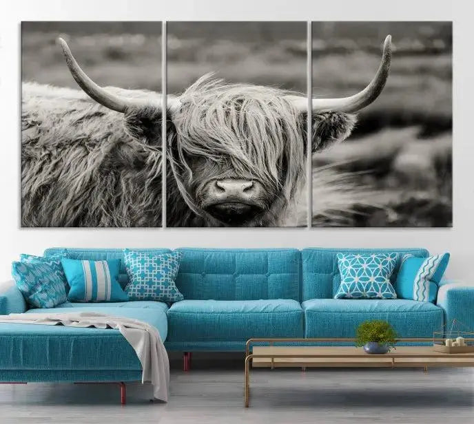 The "Cow Focus Art Wall Art Canvas Print" is a striking triptych depicting a Highland cow, presented on museum-quality canvases. It includes a UV-protective coating to ensure long-lasting vibrancy.