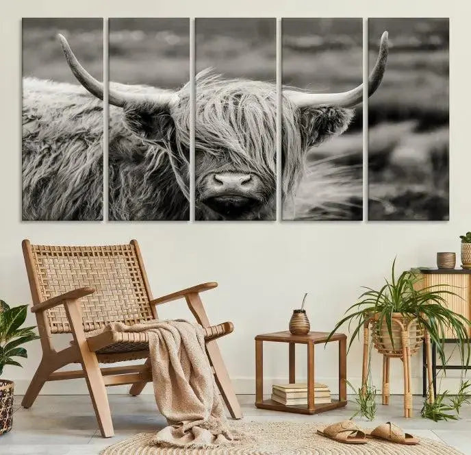 The "Cow Focus Art Wall Art Canvas Print" is a striking triptych depicting a Highland cow, presented on museum-quality canvases. It includes a UV-protective coating to ensure long-lasting vibrancy.