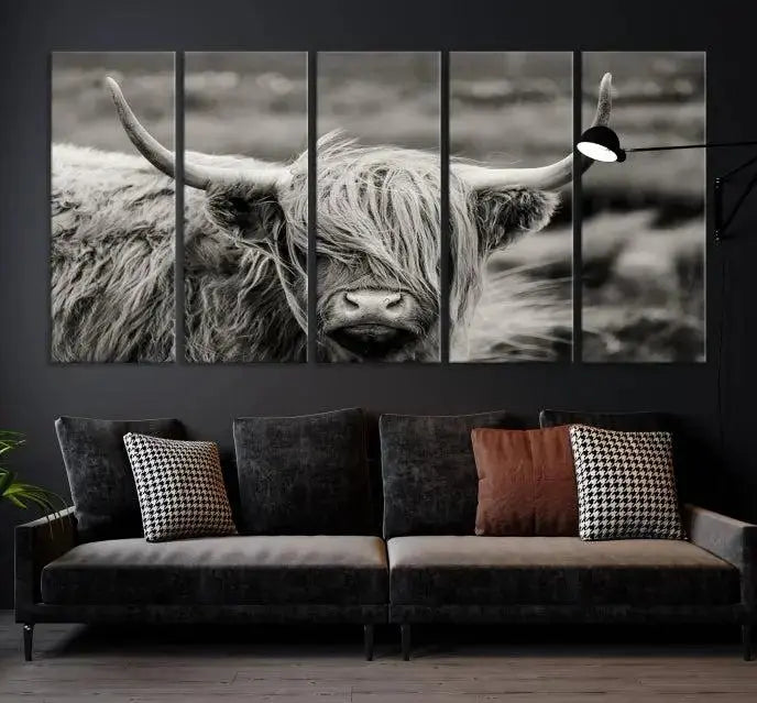 The "Cow Focus Art Wall Art Canvas Print" is a striking triptych depicting a Highland cow, presented on museum-quality canvases. It includes a UV-protective coating to ensure long-lasting vibrancy.