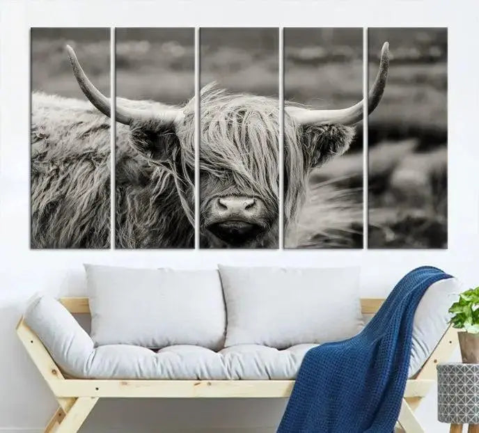 The "Cow Focus Art Wall Art Canvas Print" is a striking triptych depicting a Highland cow, presented on museum-quality canvases. It includes a UV-protective coating to ensure long-lasting vibrancy.