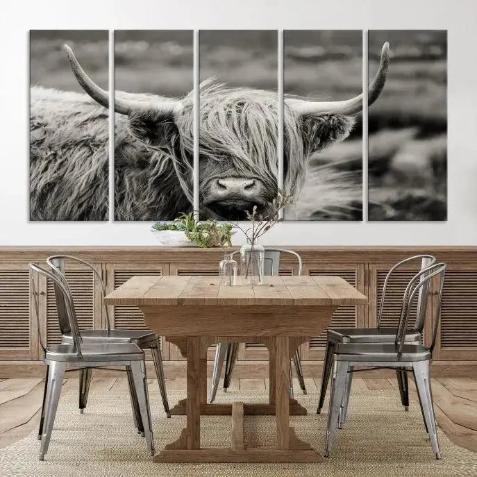 The "Cow Focus Art Wall Art Canvas Print" is a striking triptych depicting a Highland cow, presented on museum-quality canvases. It includes a UV-protective coating to ensure long-lasting vibrancy.