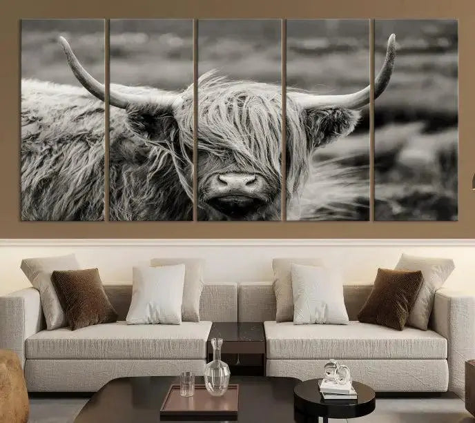 The "Cow Focus Art Wall Art Canvas Print" is a striking triptych depicting a Highland cow, presented on museum-quality canvases. It includes a UV-protective coating to ensure long-lasting vibrancy.