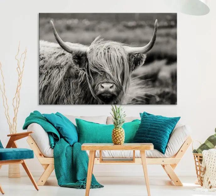 The "Cow Focus Art Wall Art Canvas Print" is a striking triptych depicting a Highland cow, presented on museum-quality canvases. It includes a UV-protective coating to ensure long-lasting vibrancy.