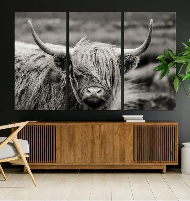 The "Cow Focus Art Wall Art Canvas Print" is a striking triptych depicting a Highland cow, presented on museum-quality canvases. It includes a UV-protective coating to ensure long-lasting vibrancy.