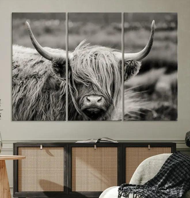 The "Cow Focus Art Wall Art Canvas Print" is a striking triptych depicting a Highland cow, presented on museum-quality canvases. It includes a UV-protective coating to ensure long-lasting vibrancy.