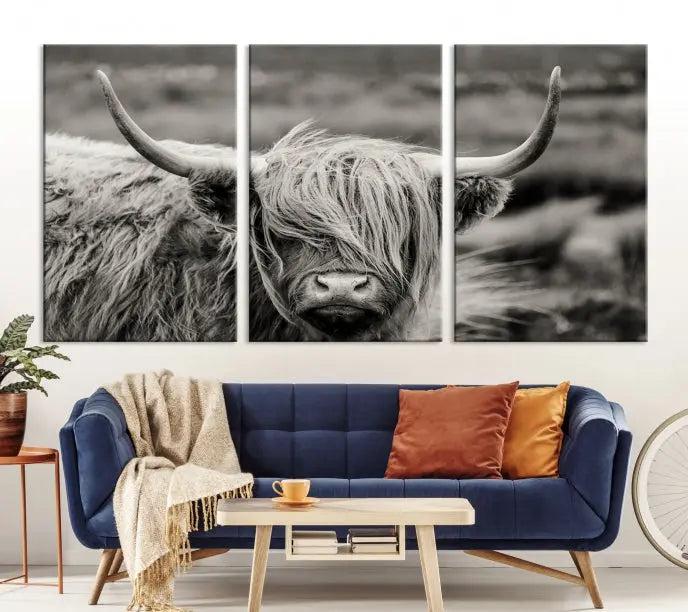 The "Cow Focus Art Wall Art Canvas Print" is a striking triptych depicting a Highland cow, presented on museum-quality canvases. It includes a UV-protective coating to ensure long-lasting vibrancy.