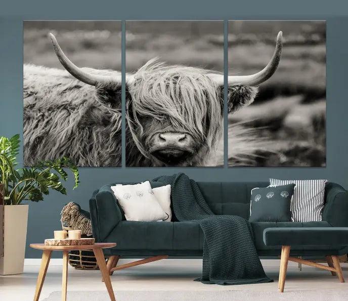 The "Cow Focus Art Wall Art Canvas Print" is a striking triptych depicting a Highland cow, presented on museum-quality canvases. It includes a UV-protective coating to ensure long-lasting vibrancy.