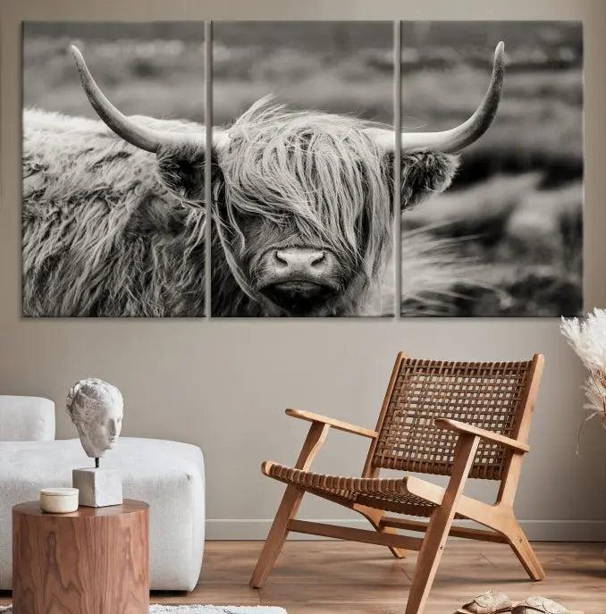 The "Cow Focus Art Wall Art Canvas Print" is a striking triptych depicting a Highland cow, presented on museum-quality canvases. It includes a UV-protective coating to ensure long-lasting vibrancy.