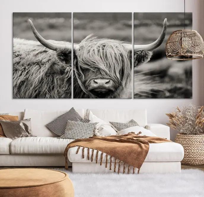 The "Cow Focus Art Wall Art Canvas Print" is a striking triptych depicting a Highland cow, presented on museum-quality canvases. It includes a UV-protective coating to ensure long-lasting vibrancy.