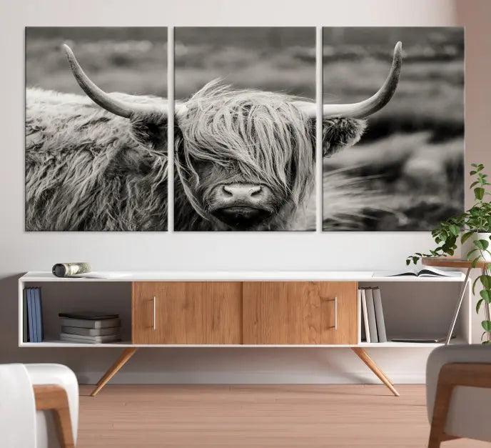 The "Cow Focus Art Wall Art Canvas Print" is a striking triptych depicting a Highland cow, presented on museum-quality canvases. It includes a UV-protective coating to ensure long-lasting vibrancy.