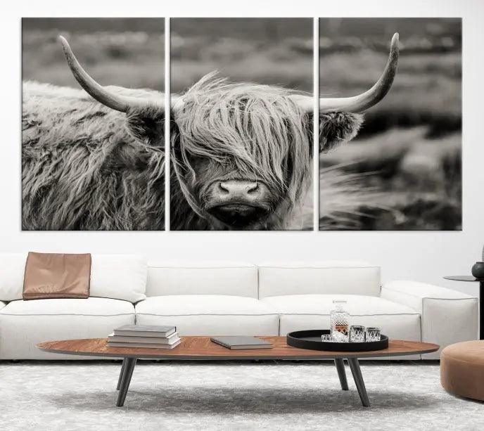 The "Cow Focus Art Wall Art Canvas Print" is a striking triptych depicting a Highland cow, presented on museum-quality canvases. It includes a UV-protective coating to ensure long-lasting vibrancy.