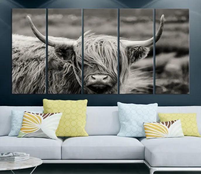 The "Cow Focus Art Wall Art Canvas Print" is a striking triptych depicting a Highland cow, presented on museum-quality canvases. It includes a UV-protective coating to ensure long-lasting vibrancy.