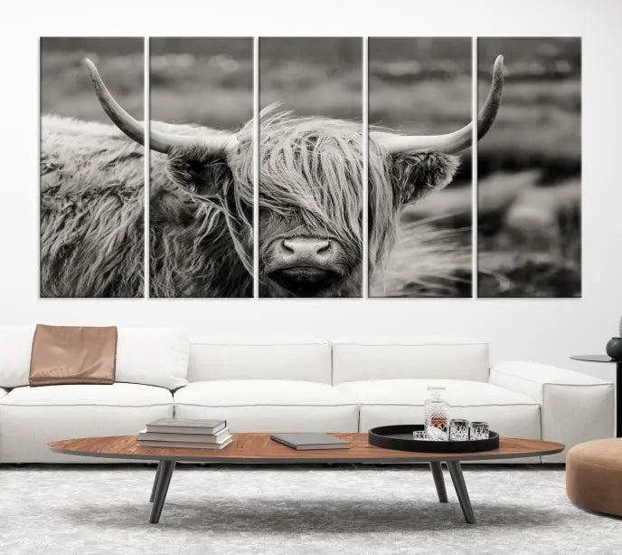 The "Cow Focus Art Wall Art Canvas Print" is a striking triptych depicting a Highland cow, presented on museum-quality canvases. It includes a UV-protective coating to ensure long-lasting vibrancy.