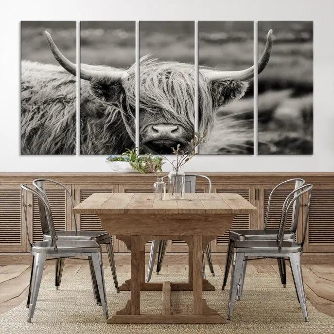 The "Cow Focus Art Wall Art Canvas Print" is a striking triptych depicting a Highland cow, presented on museum-quality canvases. It includes a UV-protective coating to ensure long-lasting vibrancy.