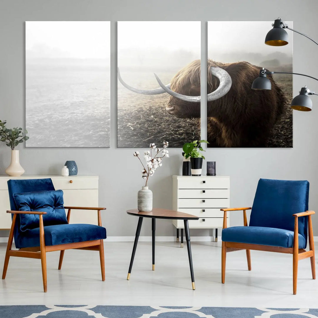 A captivating Cow Wall Art Canvas Print featuring a Highland cow with impressive horns in a misty field, crafted on museum-quality canvas. Its UV-protective coating preserves the artwork's vibrant colors.