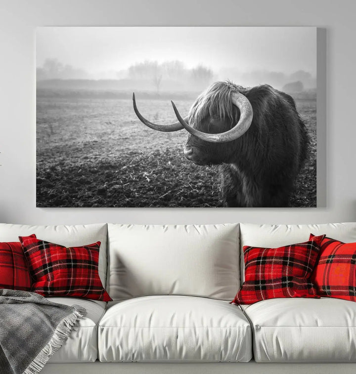 The living room features a three-panel wall art of a highland cow in a foggy field, using the Cow Wall Art Canvas Print for visual impact. This museum-quality canvas includes UV-protective coating to ensure longevity.