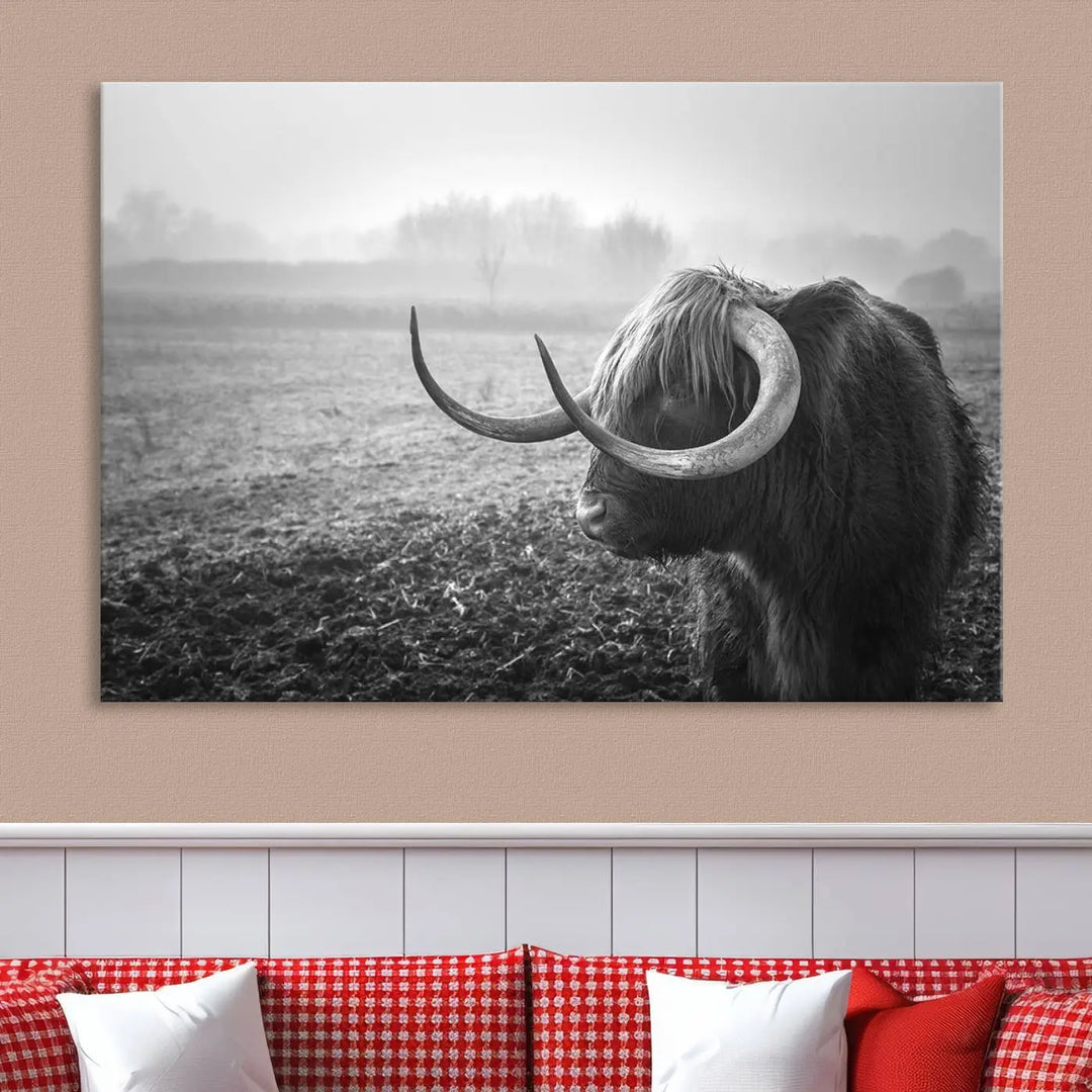 The living room features a three-panel wall art of a highland cow in a foggy field, using the Cow Wall Art Canvas Print for visual impact. This museum-quality canvas includes UV-protective coating to ensure longevity.