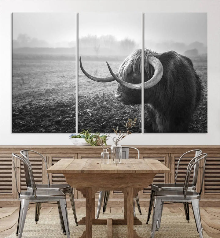 The living room features a three-panel wall art of a highland cow in a foggy field, using the Cow Wall Art Canvas Print for visual impact. This museum-quality canvas includes UV-protective coating to ensure longevity.