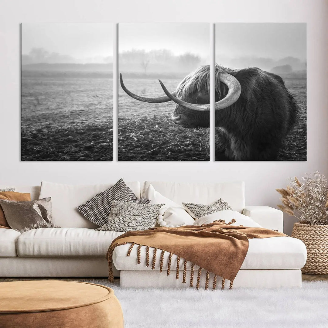 The living room features a three-panel wall art of a highland cow in a foggy field, using the Cow Wall Art Canvas Print for visual impact. This museum-quality canvas includes UV-protective coating to ensure longevity.