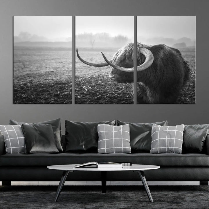 The living room features a three-panel wall art of a highland cow in a foggy field, using the Cow Wall Art Canvas Print for visual impact. This museum-quality canvas includes UV-protective coating to ensure longevity.