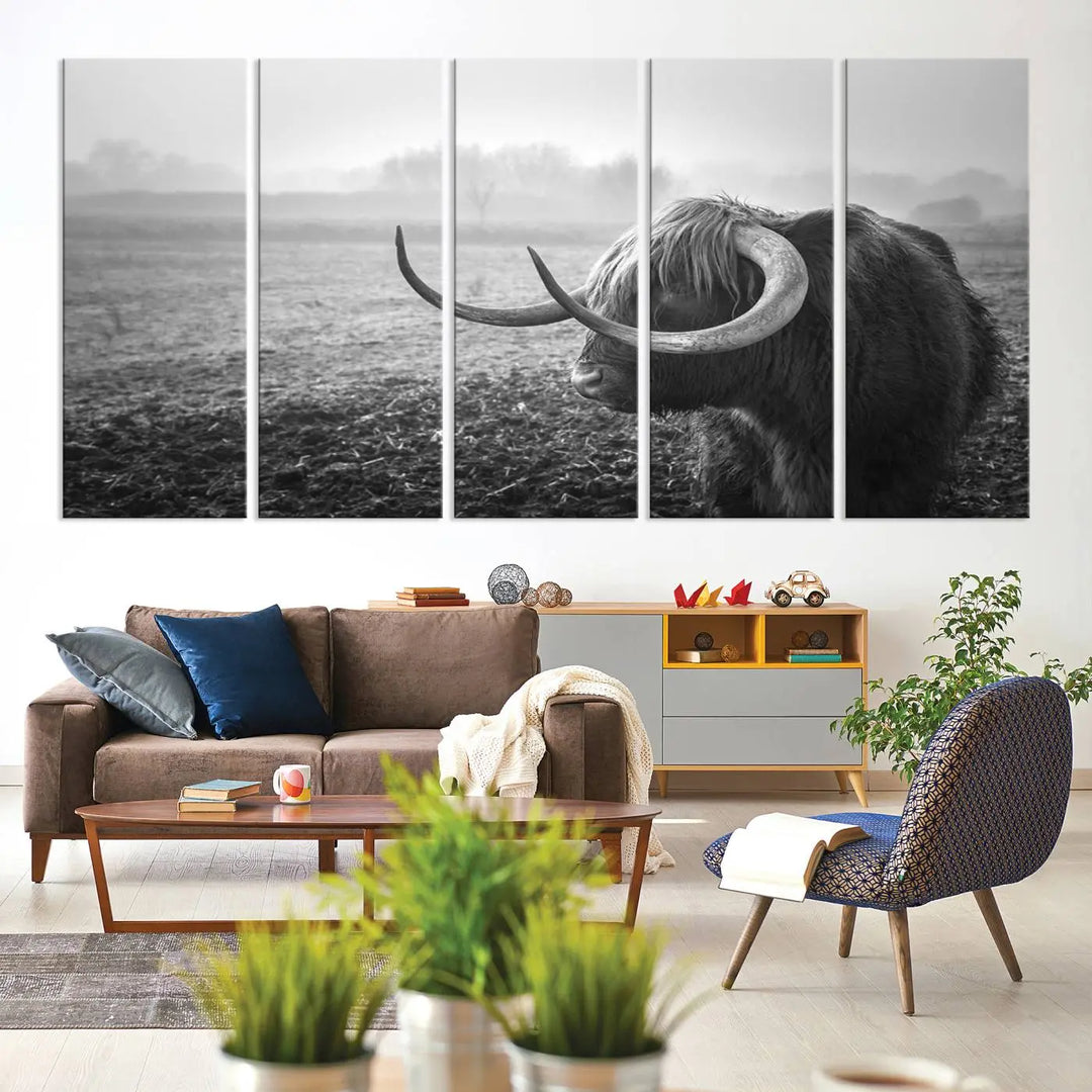 The living room features a three-panel wall art of a highland cow in a foggy field, using the Cow Wall Art Canvas Print for visual impact. This museum-quality canvas includes UV-protective coating to ensure longevity.