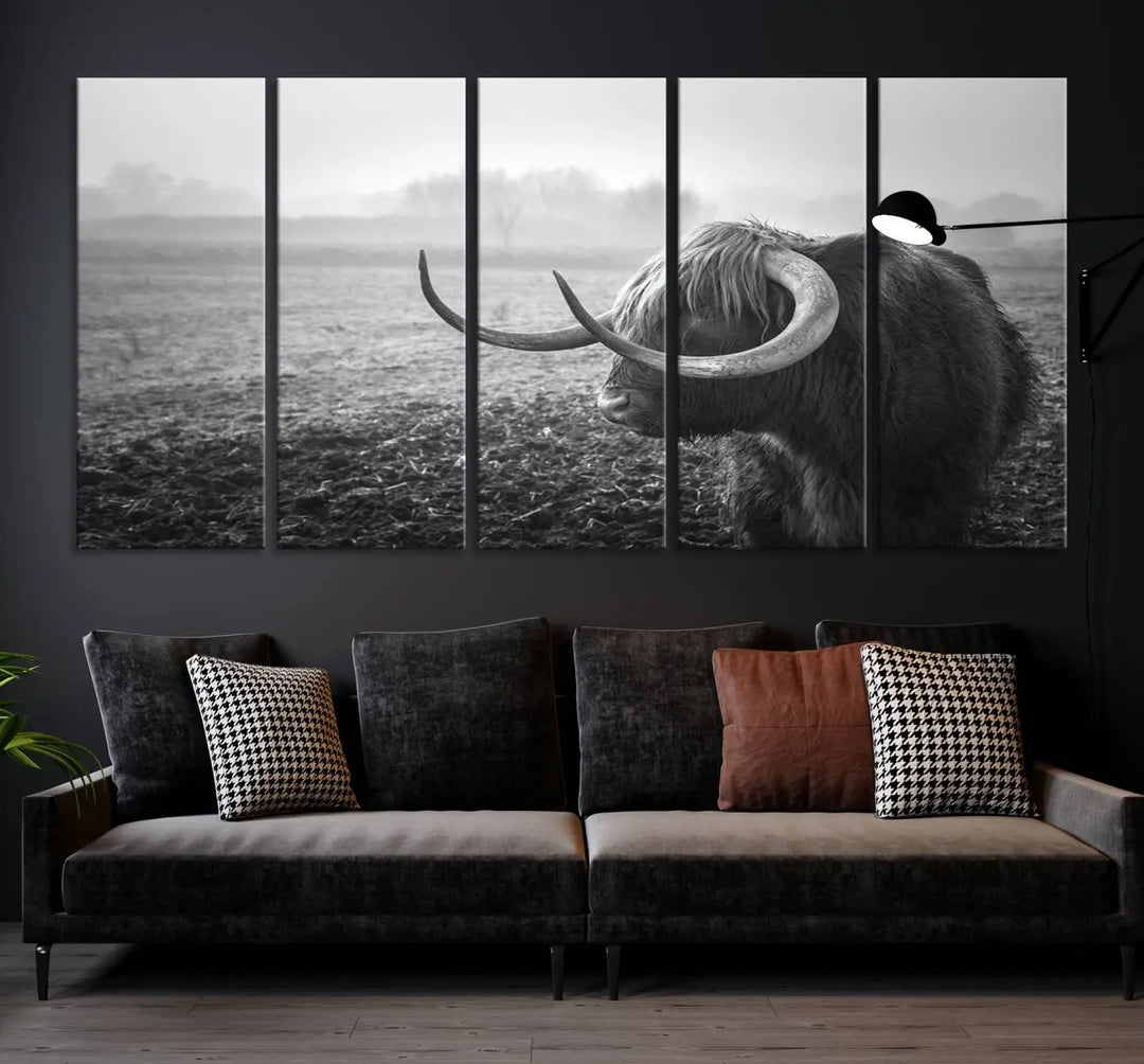 The living room features a three-panel wall art of a highland cow in a foggy field, using the Cow Wall Art Canvas Print for visual impact. This museum-quality canvas includes UV-protective coating to ensure longevity.