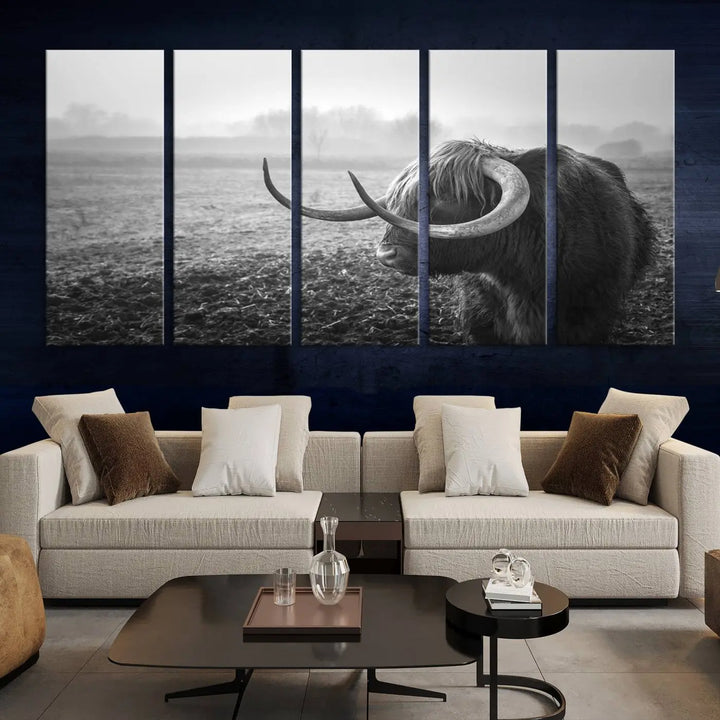 The living room features a three-panel wall art of a highland cow in a foggy field, using the Cow Wall Art Canvas Print for visual impact. This museum-quality canvas includes UV-protective coating to ensure longevity.