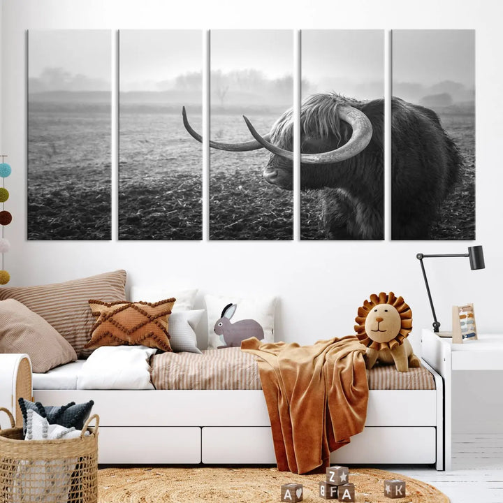 The living room features a three-panel wall art of a highland cow in a foggy field, using the Cow Wall Art Canvas Print for visual impact. This museum-quality canvas includes UV-protective coating to ensure longevity.