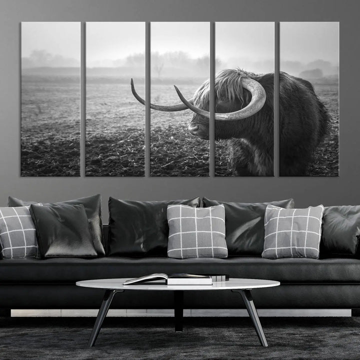 The living room features a three-panel wall art of a highland cow in a foggy field, using the Cow Wall Art Canvas Print for visual impact. This museum-quality canvas includes UV-protective coating to ensure longevity.