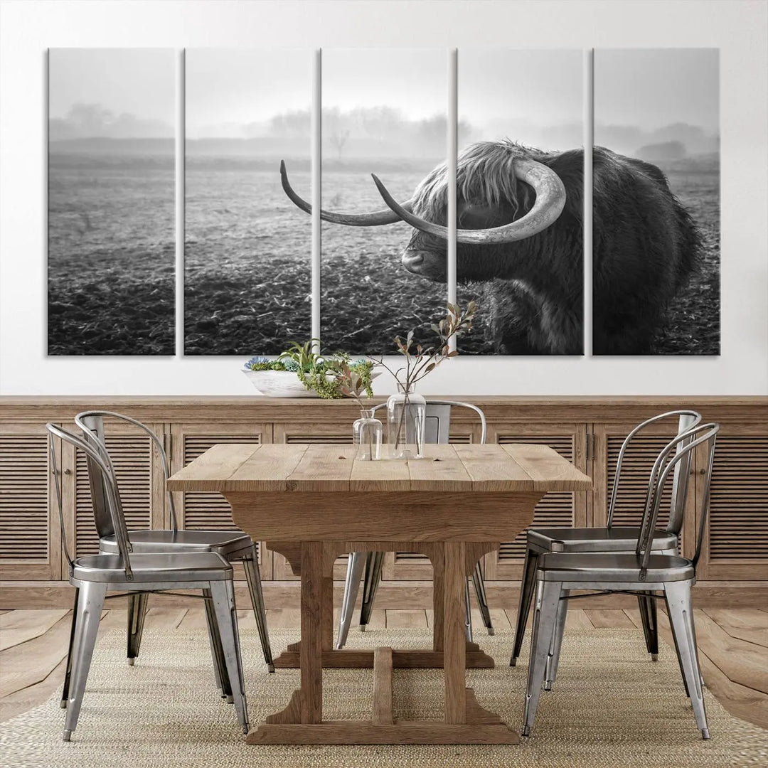 The living room features a three-panel wall art of a highland cow in a foggy field, using the Cow Wall Art Canvas Print for visual impact. This museum-quality canvas includes UV-protective coating to ensure longevity.