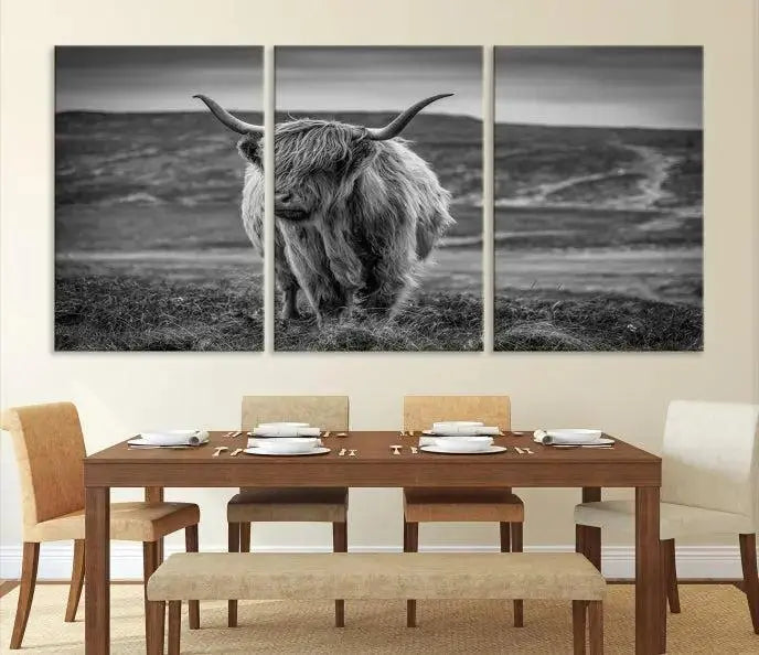 Cow Wall Art Canvas Print featuring a Highland cow in a black and white landscape on museum-quality canvas. A UV-protective coating preserves its pristine condition for years to come.