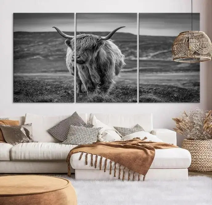 Cow Wall Art Canvas Print featuring a Highland cow in a black and white landscape on museum-quality canvas. A UV-protective coating preserves its pristine condition for years to come.