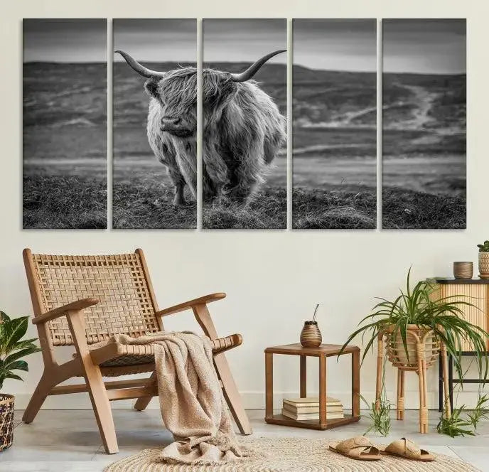 Cow Wall Art Canvas Print featuring a Highland cow in a black and white landscape on museum-quality canvas. A UV-protective coating preserves its pristine condition for years to come.