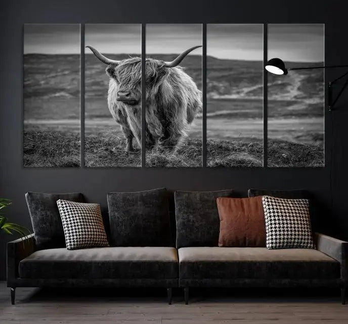 Cow Wall Art Canvas Print featuring a Highland cow in a black and white landscape on museum-quality canvas. A UV-protective coating preserves its pristine condition for years to come.