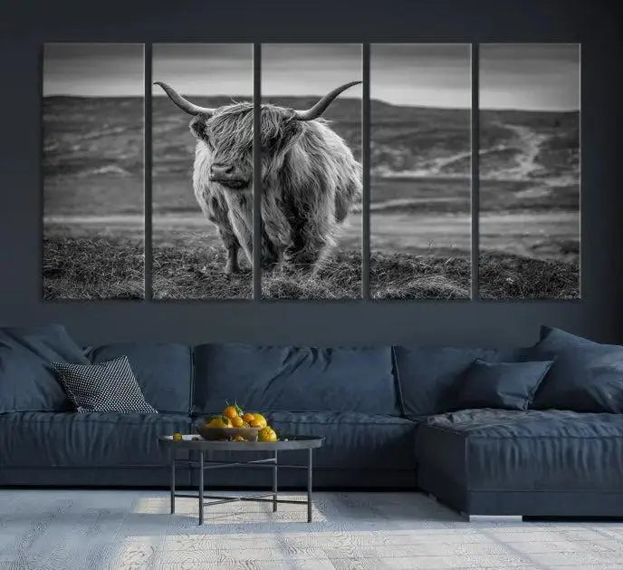 Cow Wall Art Canvas Print featuring a Highland cow in a black and white landscape on museum-quality canvas. A UV-protective coating preserves its pristine condition for years to come.